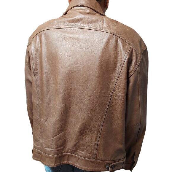 Men's  Y2K Vintage Brown Leather Trucker Bomber Jacket Sz  XXL Gap Blue Jean Tag - Picture 4 of 6